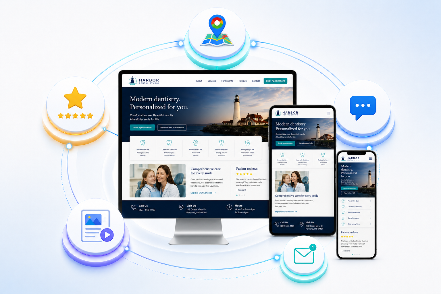 Example dental practice showing a website, Google presence, reviews, content, and patient inquiries working together